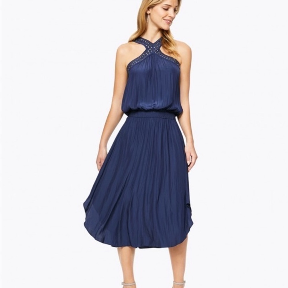 Ramy Brook Autumn Studded Halter Neck Midi Dress in Navy Blue Sz M